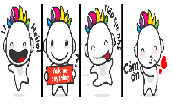 Biểu tượng của nhân vật đại diện gồm 8 biểu tượng: Xin chào, Hỏi tôi bất cứ điều gì, OK Bạn chọn tiếng Việt, Tiếp tục nhé, Buồn quá đi, Cảm ơn...