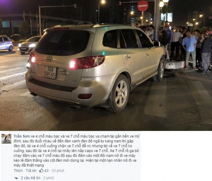 Chiếc xe &ocirc; t&ocirc; 7 chỗ m&agrave;u bạc đ&acirc;m v&agrave;o cột đ&egrave;n mới chịu dừng lại.&nbsp;Nguồn: Facebook Trung t&acirc;m tin tức VTV24.