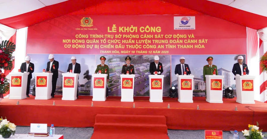 Nghi thức bấm nút khởi công xây dựng công trình - Ảnh Công an Thanh Hóa.