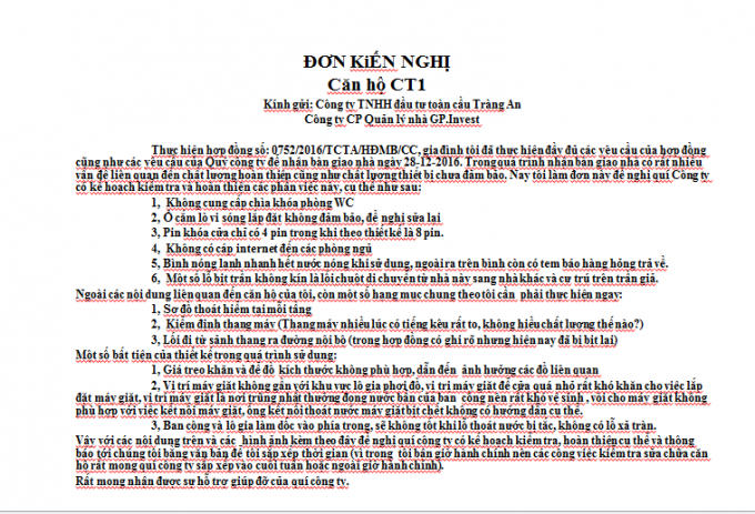 Đơn kiến nghị những bất cập về thi công của người dân gửi đến chủ đầu tư.