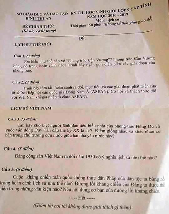 Đề thi đưa nhầm câu hỏi lịch sử Việt Nam vào phần lịch sử thế giới của Sở GD &amp; ĐT Bình Thuận.