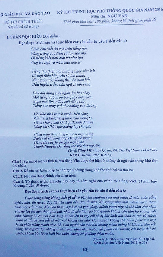 Đề thi môn Ngữ Văn.  Dân trí