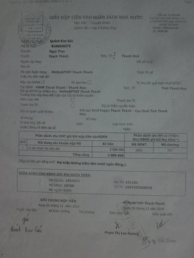 Phiếu thu tiền giả do bà Nhung làm để lấy tiền khống của dân.