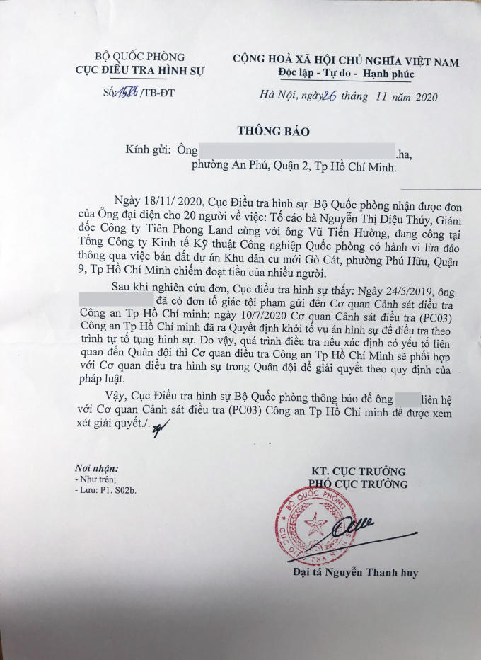 văn bản của Phó Cục trưởng Cục điều tra Bộ Quốc phòng trả lời khiếu nại khách hàng