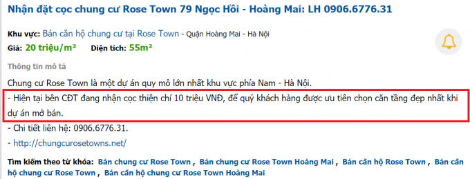 Một số website đưa ra đề nghị khách hàng đặt cọc để sở hữu căn hộ có vị trí đẹp