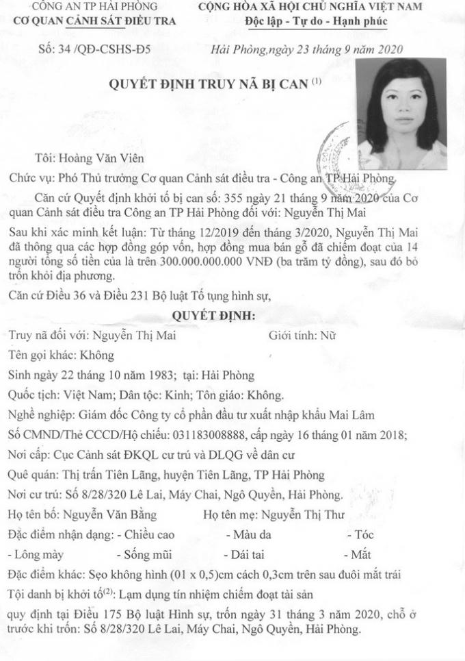 Quyết định truy nã bị can Nguyễn Thị Mai của Công an TP Hải Phòng.