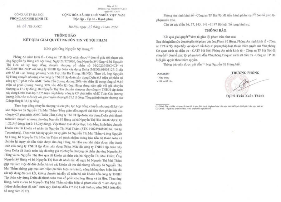 Thông báo kết quả giải quyết nguồn tin tội phạm theo đơn tố giác của ông H.