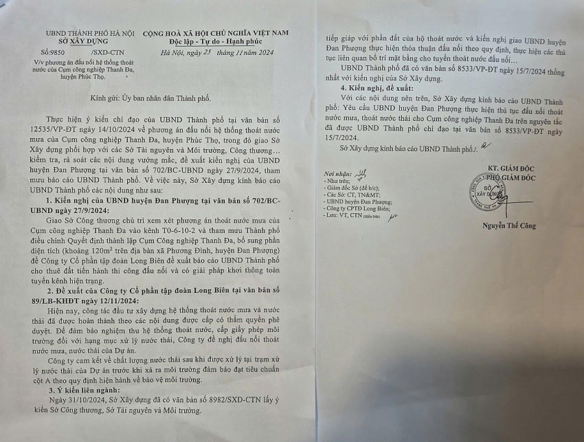 Báo cáo của Sở Xây dựng có ý kiến của các sở như : Công thương, TN&MT gửi UBND TP Hà Nội với để xuất của Sở Xây dựng là yêu cầu UBND huyện Đan Phượng thực hiện đấu nối hệ thống thoát nước mưa và nước thải theo văn bản chỉ đạo của UBND TP Hà Nội.
