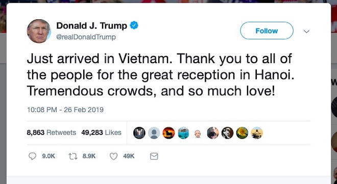 Dòng tweet của ông Donald Trump ngay khi vừa đặt chân tới Hà Nội.