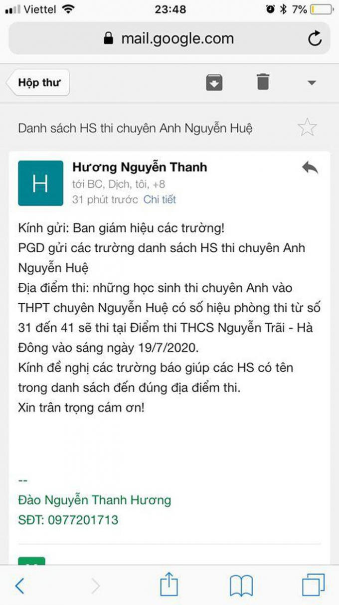 Email thông báo từ Phòng GD&ĐT.