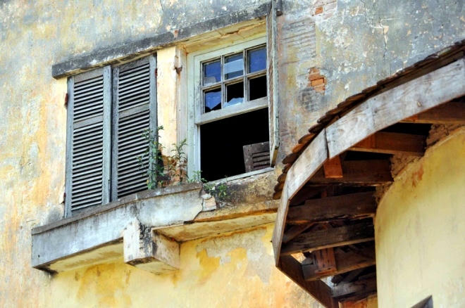 Lâu ngày không có người ở, cỏ dại mọc trên ban công cửa sổ, thay vì là những chậu hoa.