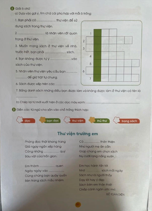 Bài thơ “Thư viện trường em” của nhà thơ Đỗ Toàn Diện trong sách thực hành (Ảnh: NVCC).
