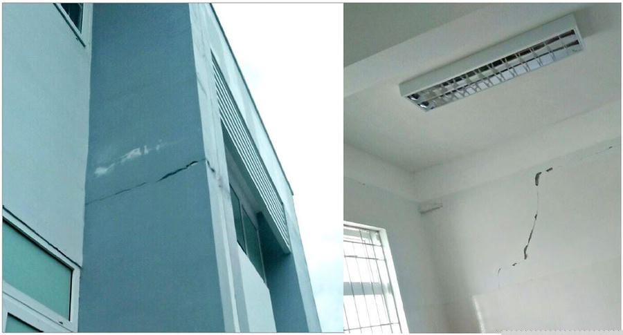 Các vết nứt tại hạng mục công trình sử dụng gạch không nung thuộc Bệnh viện Đa khoa huyện Cái Nước (Cà Mau)