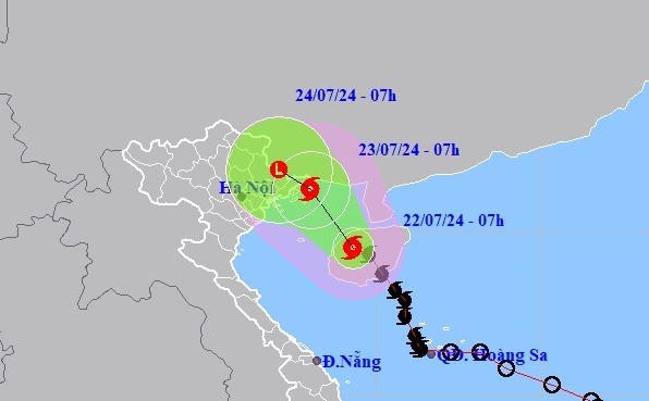 Vị trí và hướng di chuyển của bão số 2 lúc 16 giờ ngày 21/7.