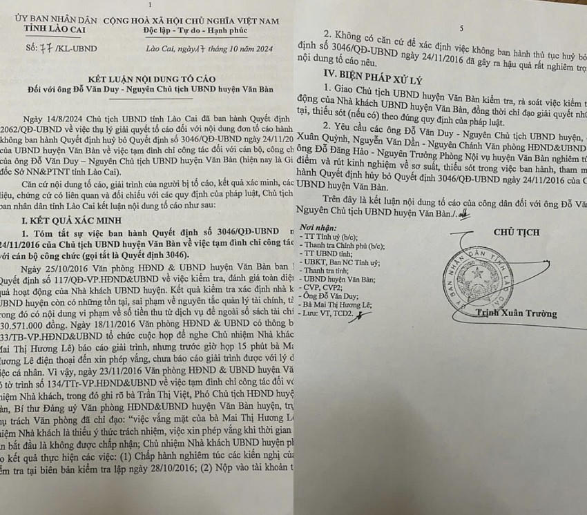 Kết luận số 77/KL-UBND, ngày 17/10/2024 do UBND tỉnh Lào Cai ban hành yêu cầu ông Đỗ Văn Duy – nguyên Chủ tịch UBND huyện Văn Bàn nghiêm túc kiểm điểm, rút kinh nghiệm.