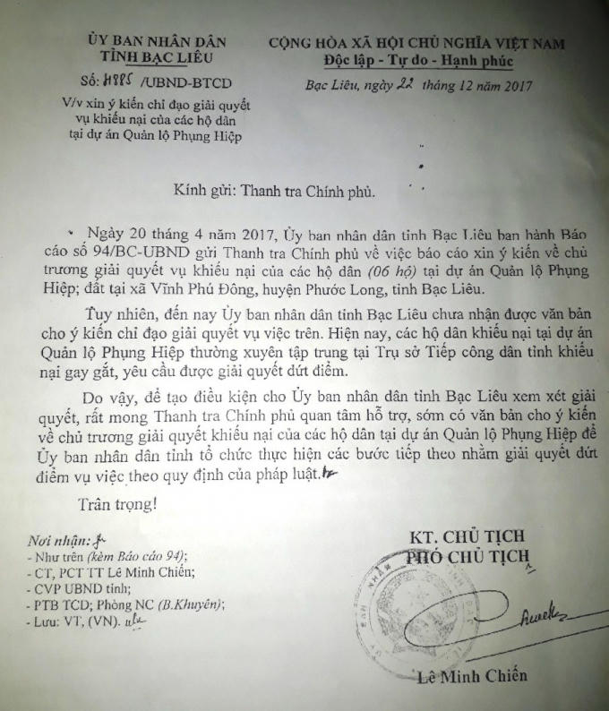 Ngày 22/12/2017, UBND tỉnh Bạc Liêu có công văn số 4885/UBND-BTCD gửi Thanh tra Chính phủ xin ý kiến chỉ đạo giải quyết vụ việc trên.