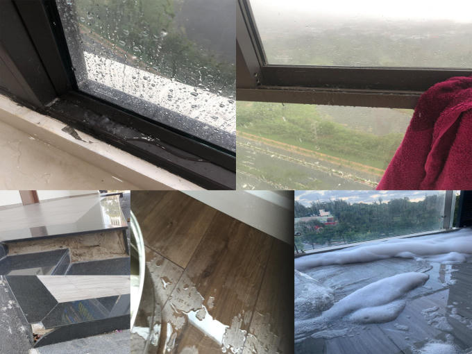 Vách kính bị tràn nước vào nhà khi mưa, nước thải máy giặt các căn hộ trào ngược lên căn khác qua ống nước thải gây hôi thối, trơn trượt.