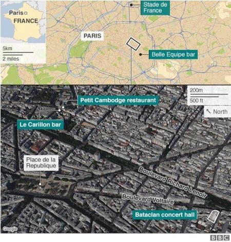 Các địa điểm nơi xảy ra vụ tấn công của bọn khủng bố tại Thủ đô Paris