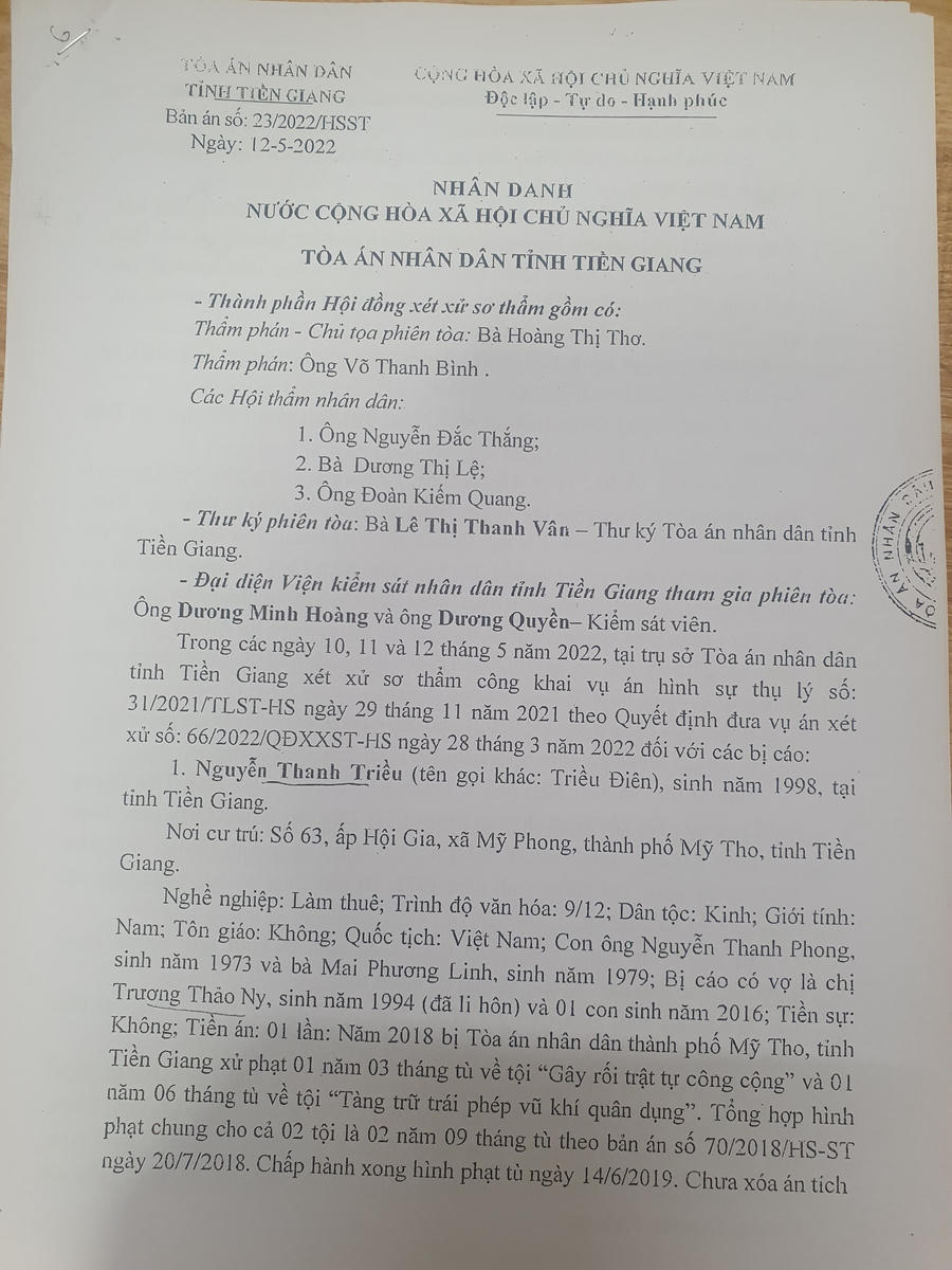 Bản án sơ thẩm của TAND tỉnh Tiền Giang.