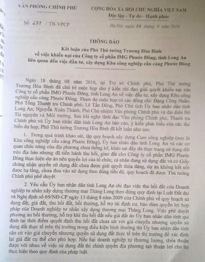Văn bản chỉ đạo của Phó Thủ tướng Chính phủ đã không được UBND tỉnh Long An thực thi quyết liệt khiến vụ việc kéo dài.