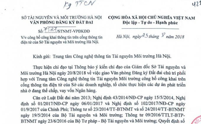 Văn bản của Văn phòng đăng ký đất đai Thành phố Hà Nội về việc công bố thông tin danh sách các dự án bất động sản đang thế chấp, vay vốn ngân hàng.