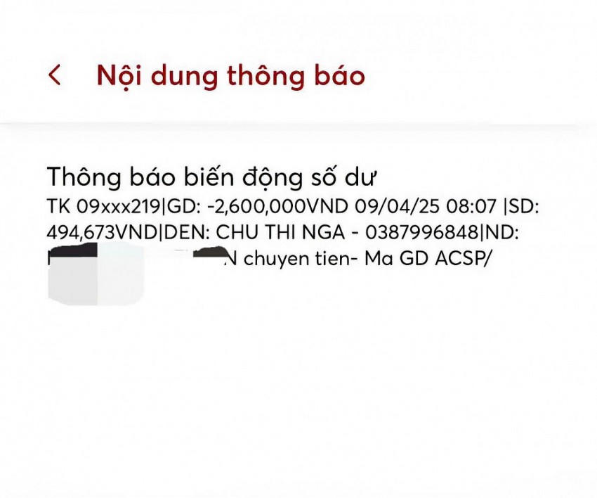 Liên chuyển tiền của người dân chuyển cho bà Chu Thị Nga với số tiền 2,6 triệu đồng được cho là tiền thuê ô, thuê chỗ để kinh doanh tại lễ hội xã Tiên Lục. Ảnh NDCC.