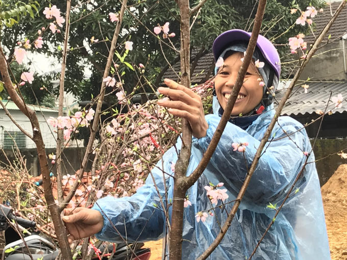 Dù rất lạnh nhưng chị vẫn niềm nở "tiếp thị" cành đào rực sắc.