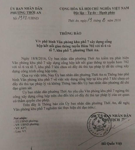 UBND phường Thới An sau khi có văn bản phê bình KP.7 thì lộ ra việc kiến nghị xây cống của ông không phải vì mục đích thiết thực của dân.