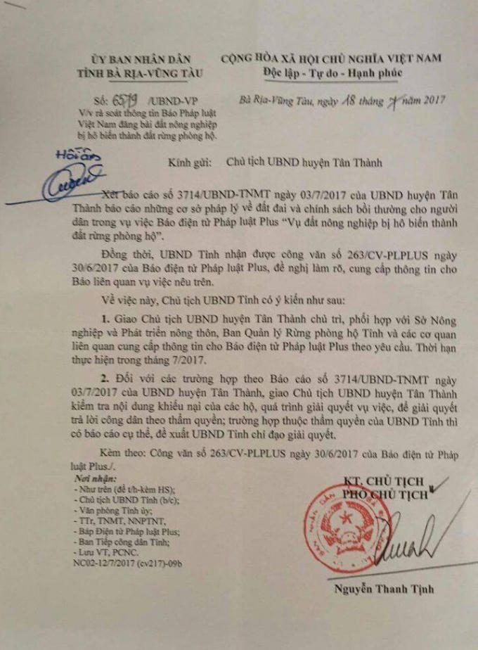 Công văn số 6579/UBND –VP của UBND tỉnh Bà Rịa - Vũng Tàu chị đạo về việc rà soát thông tin Pháp luật Plus đã phản ánh.