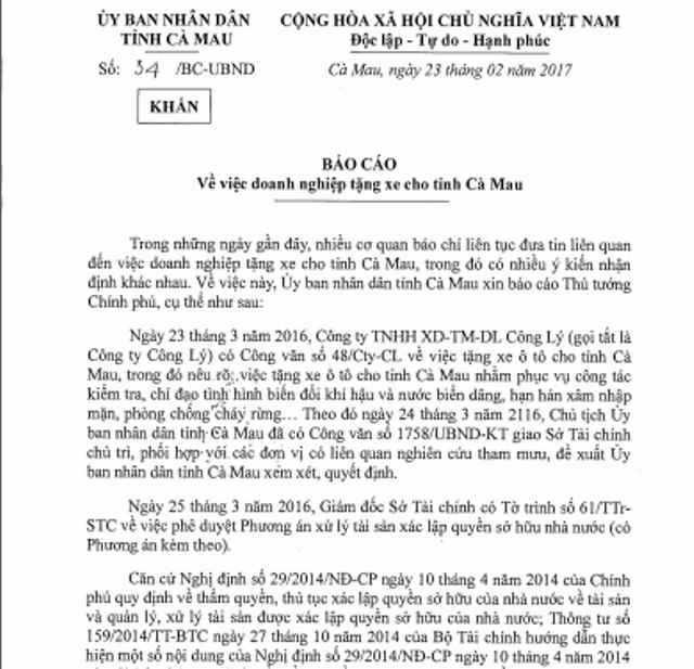 Báo cáo "khẩn" của UBND tỉnh Cà Mau đến Thủ tướng Chính phủ về việc doanh nghiệp tặng 2 xe ô tô cho tỉnh này.