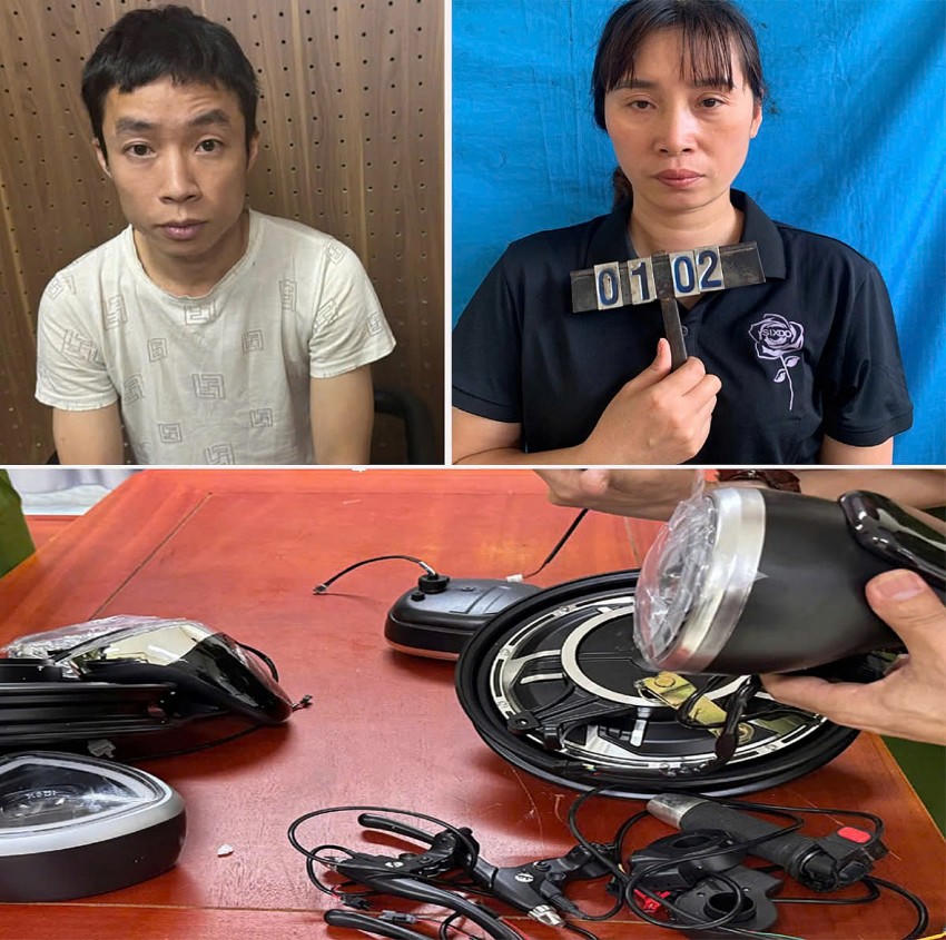 Tạ Thị Vân và Lê Minh Hưng cùng các tang vật thu giữ.