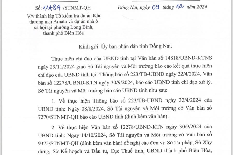 Báo cáo gửi UBND tỉnh Đồng Nai về việc thành lập Tổ kiểm tra của Sở Tài nguyên và Môi trường.