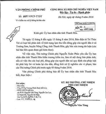 Công văn hỏa tốc truyền đạt ý kiến Thủ tướng yêu cầu tỉnh Thanh Hóa xử lý vụ việc