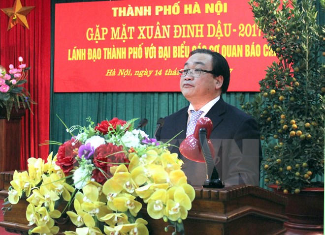 Uỷ viên Bộ Chính trị, Bí thư Thành ủy Hà Nội Hoàng Trung Hải phát biểu tại buổi gặp mặt. (Ảnh: Nguyễn Văn Cảnh/TTXVN)