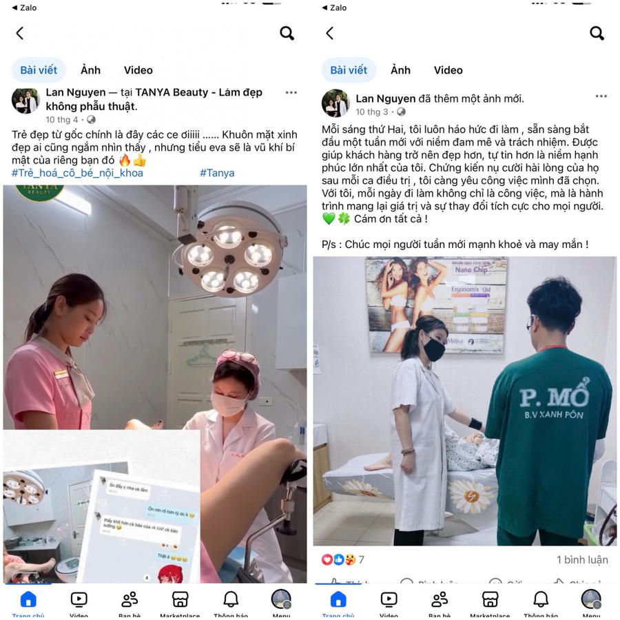 Facebook Nguyễn Lan có nhiều bài viết quảng cáo về các dịch vụ thẩm mỹ được thực hiện tại cở sở Tanya Beauty