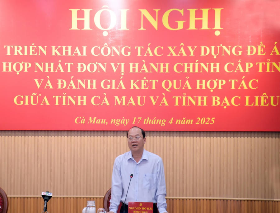 Ông Nguyễn Hồ Hải - Bí thư Tỉnh ủy Cà Mau, phát biểu tại Hội nghị.