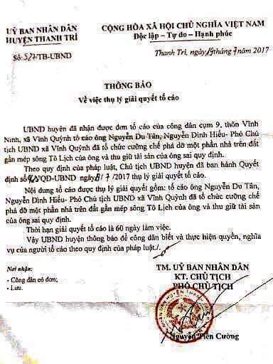Thông báo của UBND huyện về việc sẽ thanh tra tố cáo của ông Hùng với lãnh đạo xã Vĩnh Quỳnh.