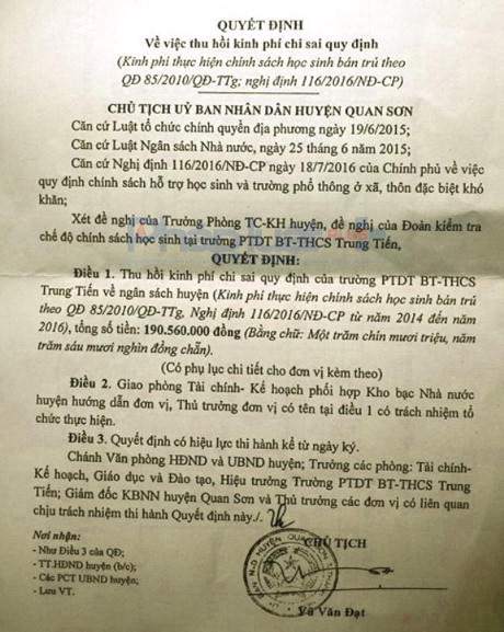 Quyết định truy thu 190 triệu đồng sai phạm do lập danh sách khống. (Ảnh: Anh Thắng)
