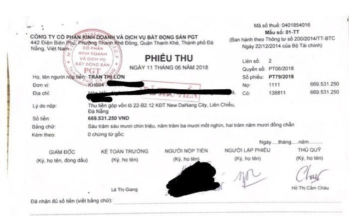Phiếu thu tiền của người dân tại khu đất có ký hiệu B2-12.