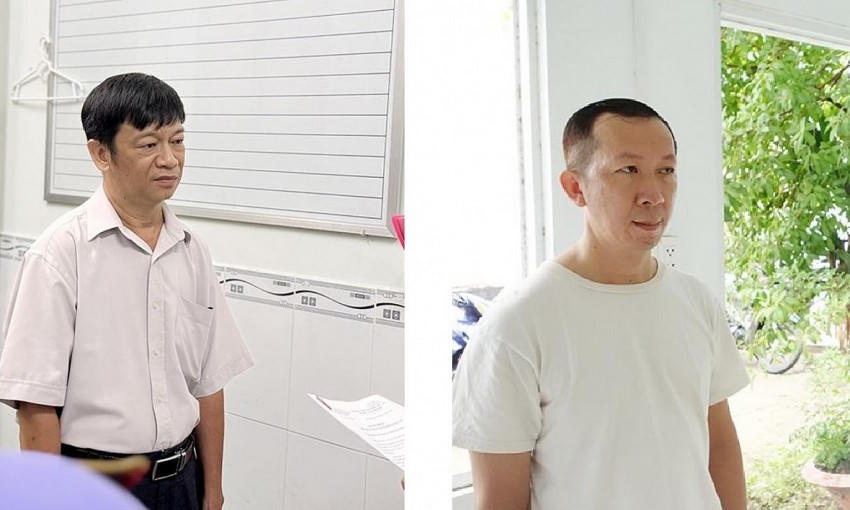 Cơ quan Cảnh sát điều tra Công an tỉnh An Giang tống đạt các Quyết định khởi tố bị can và Lệnh cấm đi khỏi nơi cư trú đối với Liệt Lâm và Quách Bảo Nguyên. Ảnh BCA.