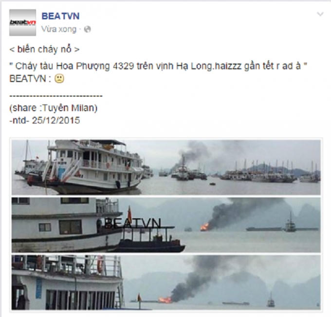 Thông tin tàu cháy giữa Vịnh Hạ Long trên mạng xã hội. Nguồn: BEATVN