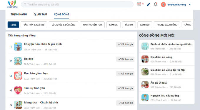 Giao diện mới của Webtretho thu hút được nhiều đối tượng với các chủ đề phong phú cùng tính tiện ích