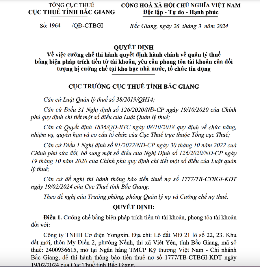 Quyết định về việc cưỡng chế tiền thuế đối với Công ty TNHH Cơ điện Yongxin của Cục thuế tỉnh Bắc Giang.
