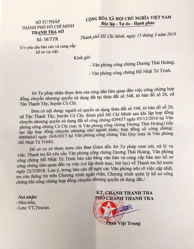 Văn bản của Thanh tra Sở Tư pháp liên quan tới vụ việc người dân tố cáo công chứng trái quy định của Công chứng viên Thảo.
