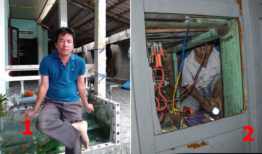 Thuyền trưởng Đặng Dũng, người đã dũng cảm lái tàu đi cứu bạn lúc lâm nạn (ảnh 1) và tàu do ngư dân Đặng Tự làm thuyền trưởng đi ứng cứu đã bị thủng vì bị tấn công bằng vòi rồng (ảnh 2).
