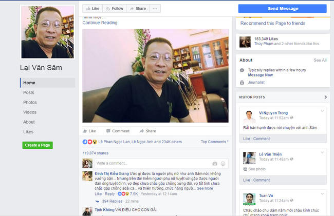 Một trong những fanpage dả mạo nhà báo Lại văn Sâm trên facebook (Ảnh: facebook)