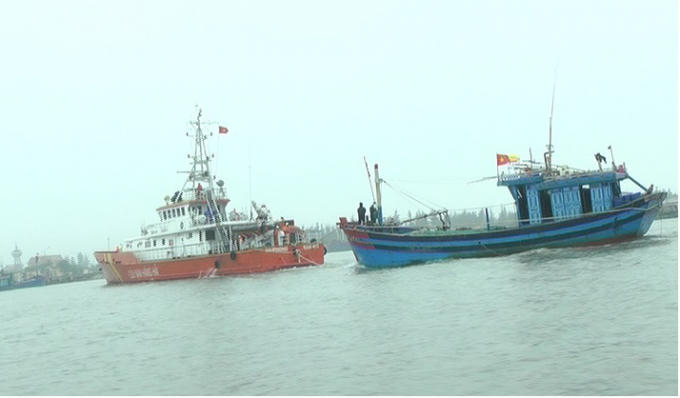 Tàu cứu hộ SAR 411 lai dắt tàu cá NĐ 92999 TS (màu xanh) vào cảng Ninh Cơ.