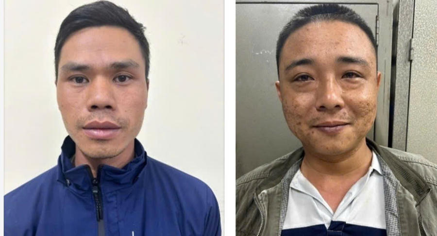 Bị can Trần Trung Hiếu và Lầu Châng Hùng tại cơ quan công an. Ảnh: T.H