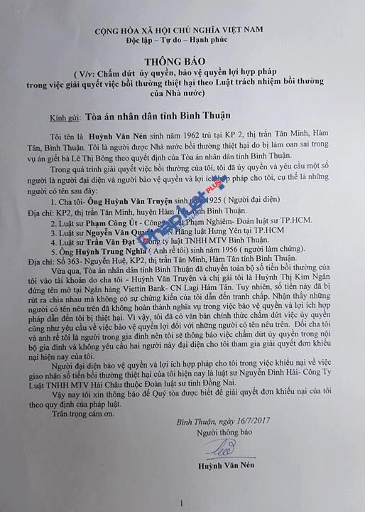 Thông báo chấm dứt uỷ quyền của ông Nén nộp TAND tỉnh Bình Thuận và gửi cho những người liên quan.