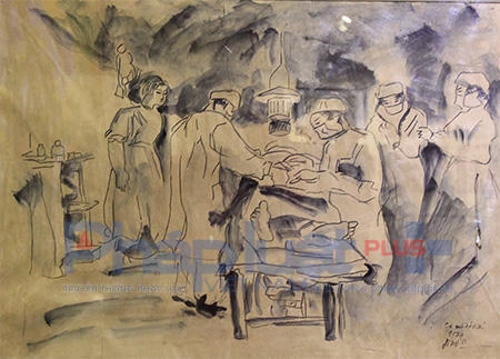 Tác phẩm: Ca mổ trong hầm; chất liệu mực nho, phác họa năm 1971.